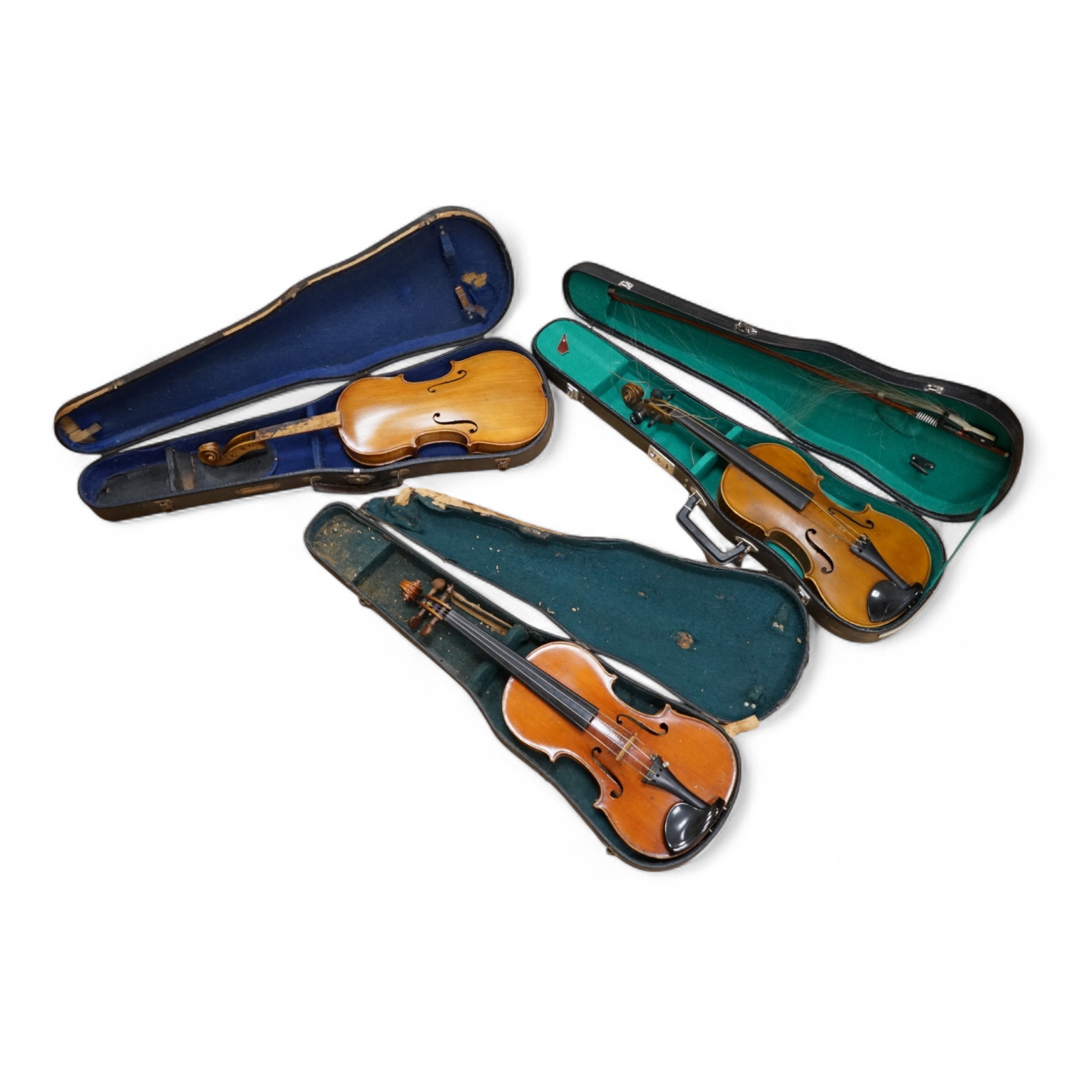 Three cased violins; a German Dresden violin, supplied by Campbell and co., Glasgow, together with another Dresden Stradivarius copy, and the remains of a European violin.